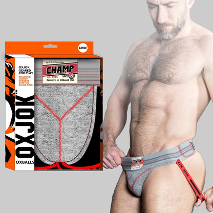 Oxballs Oxjok Champ Vintage Jockstrap with fleece pouch, striped waistband, and cockring 