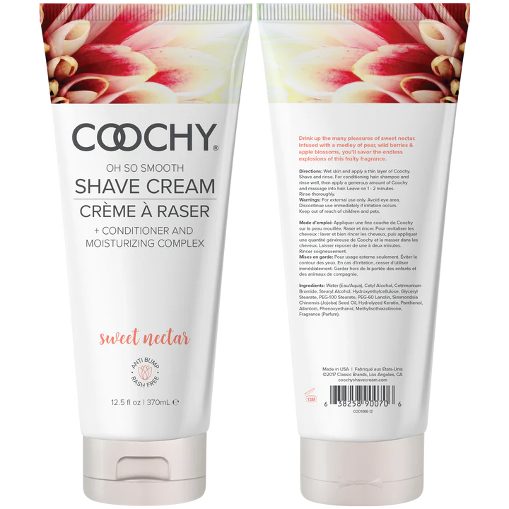 Two tubes of Coochy shave cream with floral design on a white background