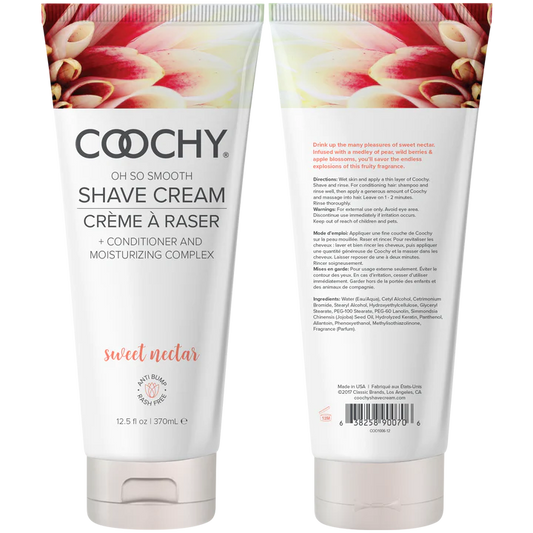 Two tubes of Coochy shave cream with floral design on a white background