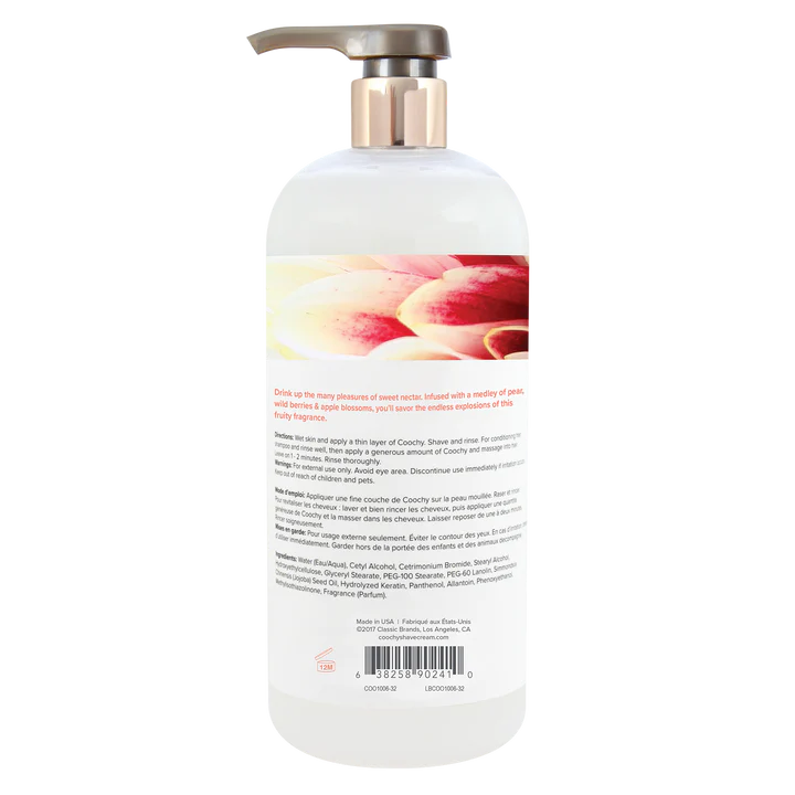 White bottle with pump and floral design on label against a white background
