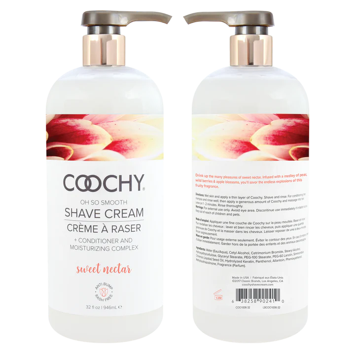 Two bottles of Coochy shave cream with floral design on a white background