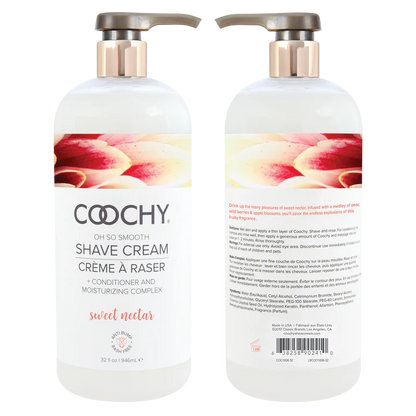 Two bottles of Coochy shave cream with floral design on a white background