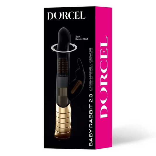 Dorcel Baby Rabbit 2.0 Stimulator in magenta silicone, angled to show bunny ears and curved shaft