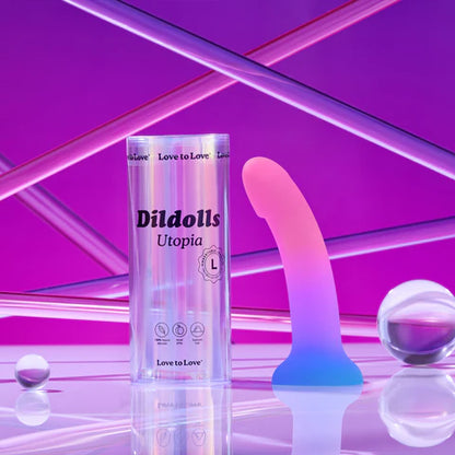 Dildolls Utopia Size XL – Large Gradient Liquid Silicone Dildo with Curved Ergonomic Design, Multicolor Rose Violet Blue Finish, and Suction Base