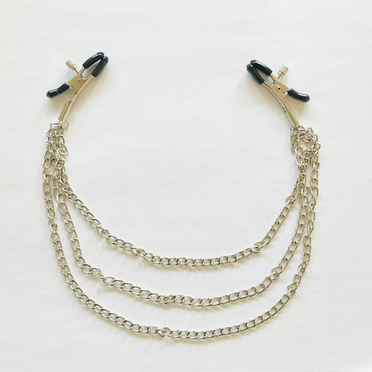 Triple-Chain Nipple Clamps with Adjustable Rubber Tips – Silver BDSM Jewelry Accessory