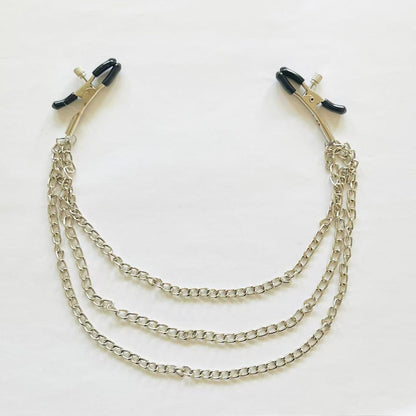 Triple-Chain Nipple Clamps with Adjustable Rubber Tips – Silver BDSM Jewelry Accessory