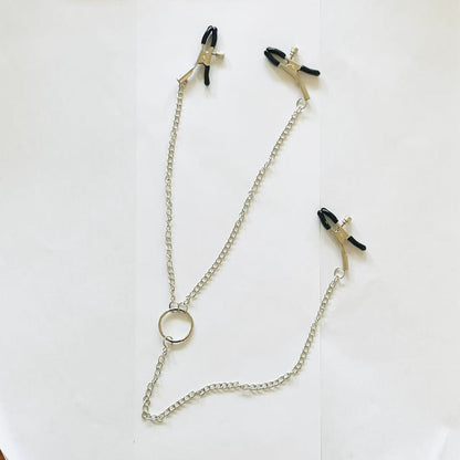 Three-Way Chain BDSM Clamp Set with Nipple and Clit Clamps – Adjustable Rubber Tips and O-Ring Center