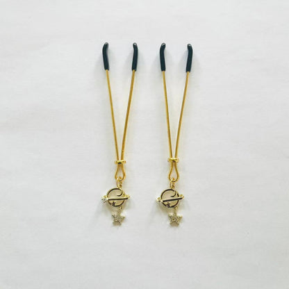 Gold nipple clamps with orbit planet and dangling star charm – PurpleNight.ca