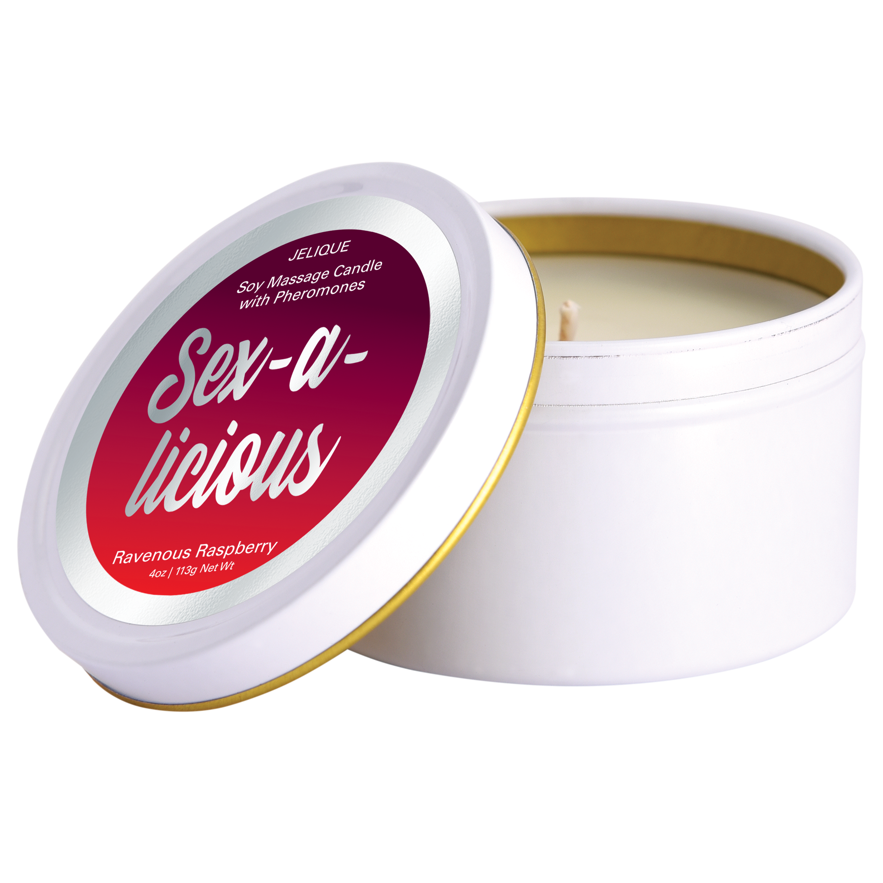 A white soy massage oil candle with a gold lid, labeled 'Sex-A-Licious Ravenous Raspberry' by Jelique.