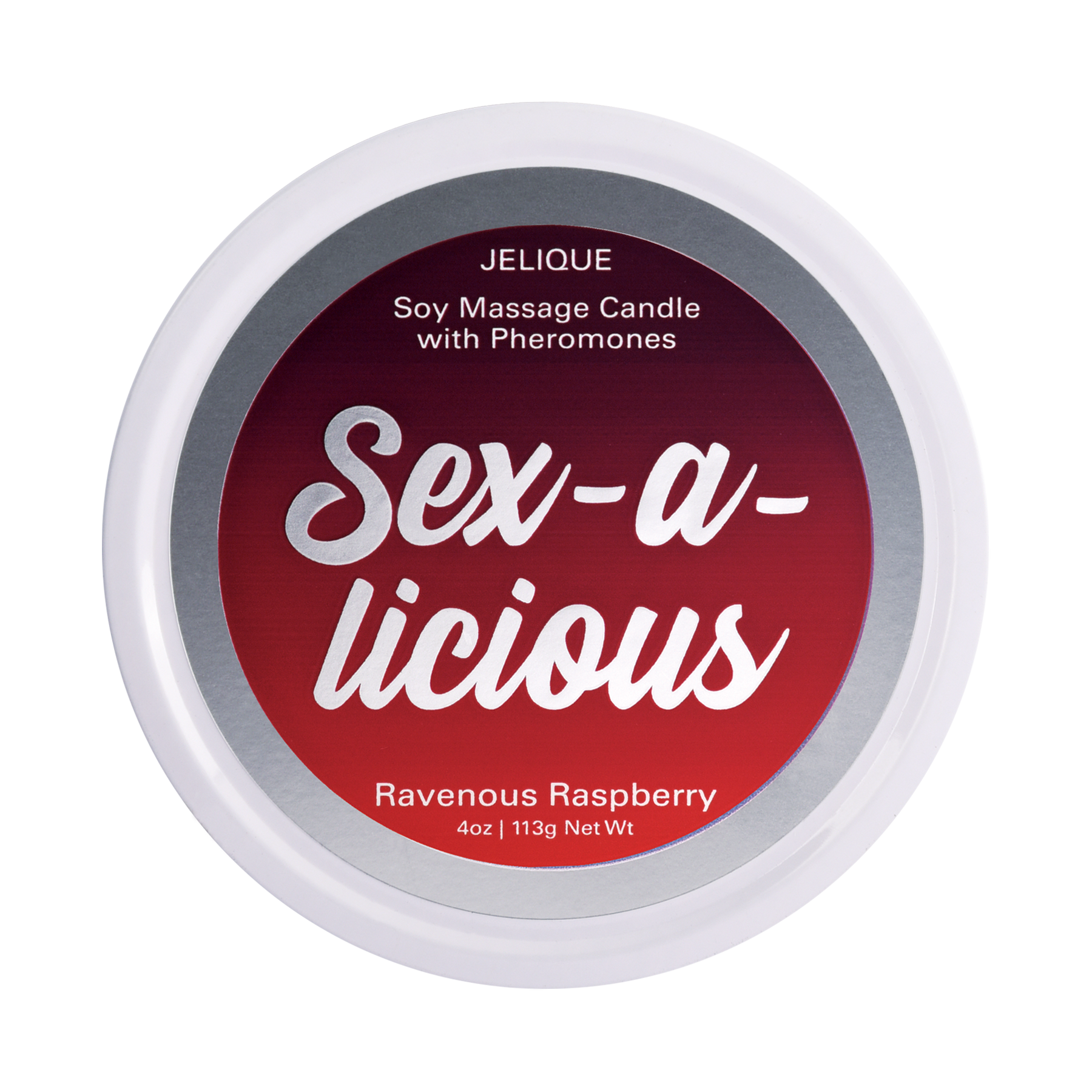 Jelique Sex-A-Licious Ravenous Raspberry Massage Candle with soy wax and pheromones in red tin