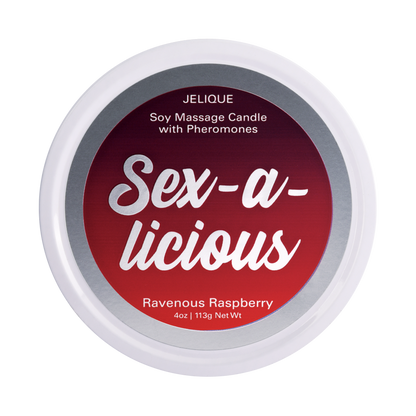 Jelique Sex-A-Licious Ravenous Raspberry Massage Candle with soy wax and pheromones in red tin