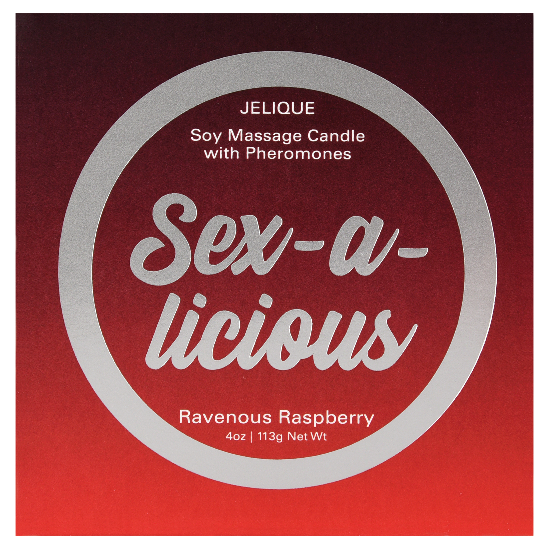Jelique Sex-A-Licious Ravenous Raspberry Massage Candle with soy wax and pheromones in red tin