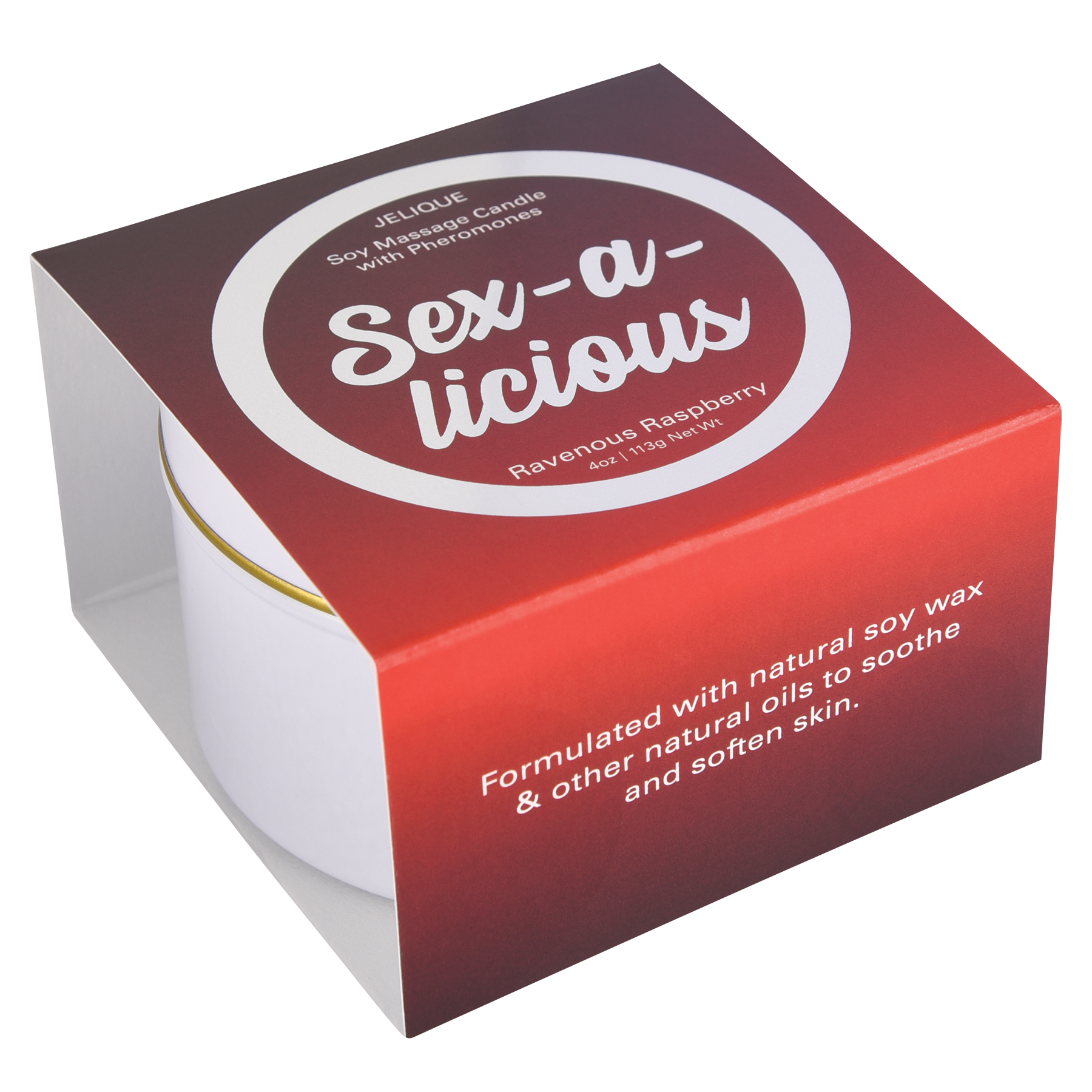 Jelique Sex-A-Licious Ravenous Raspberry Massage Candle with soy wax and pheromones in red tin