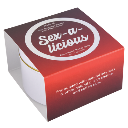 Jelique Sex-A-Licious Ravenous Raspberry Massage Candle with soy wax and pheromones in red tin