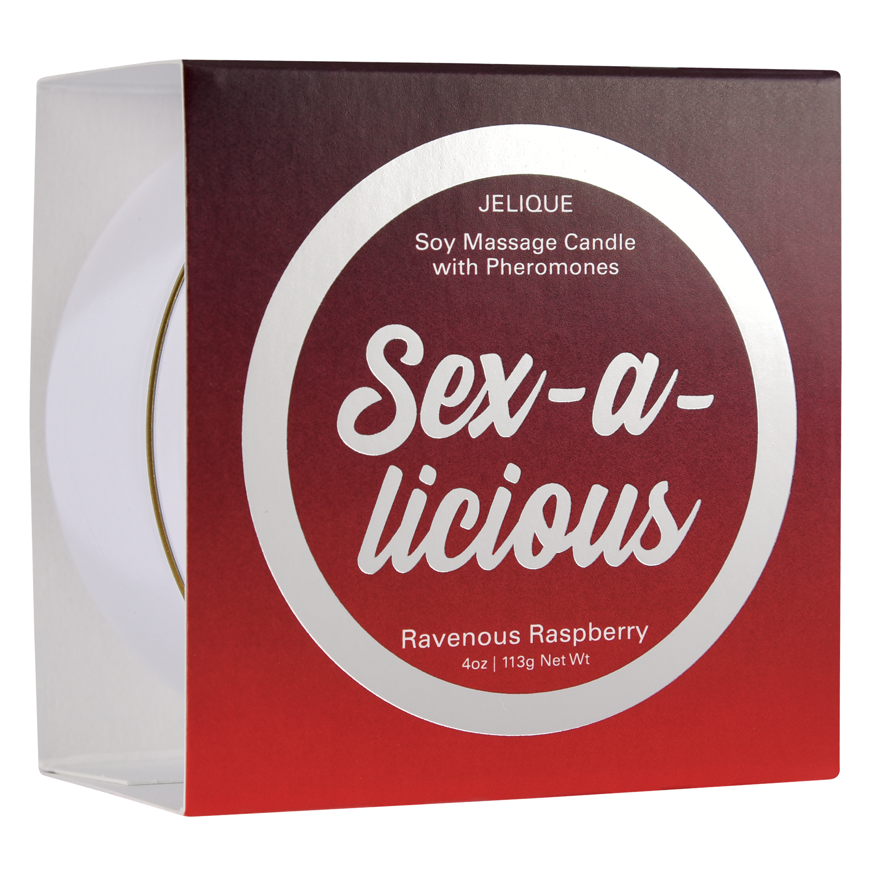 Jelique Sex-A-Licious Ravenous Raspberry Massage Candle with soy wax and pheromones in red tin