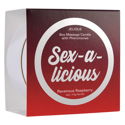 Jelique Sex-A-Licious Ravenous Raspberry Massage Candle with soy wax and pheromones in red tin