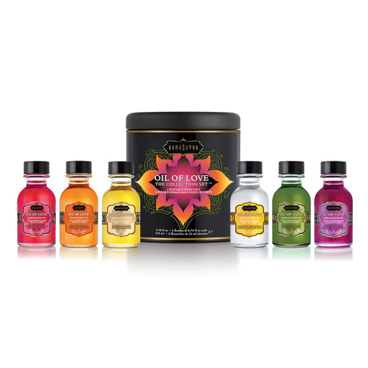 Kama Sutra Oil of Love Collection Set – 6 kissable warming foreplay oils in a collectible gift tin with droppers and recipe booklet