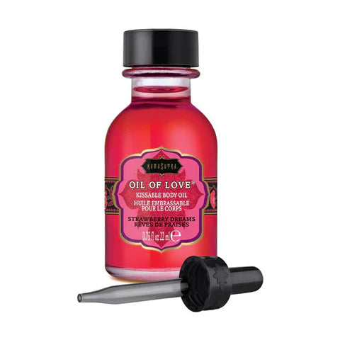 Kama Sutra Oil of Love Strawberry Dreams bottle – warming kissable foreplay oil