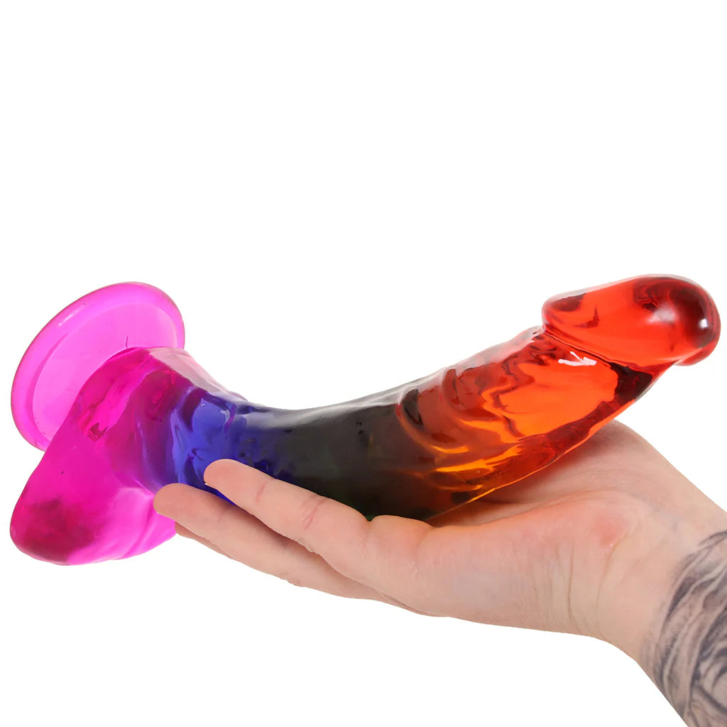 Doc Johnson 9.5 inch Jellies Rainbow Dong with balls – translucent realistic dildo with suction base.