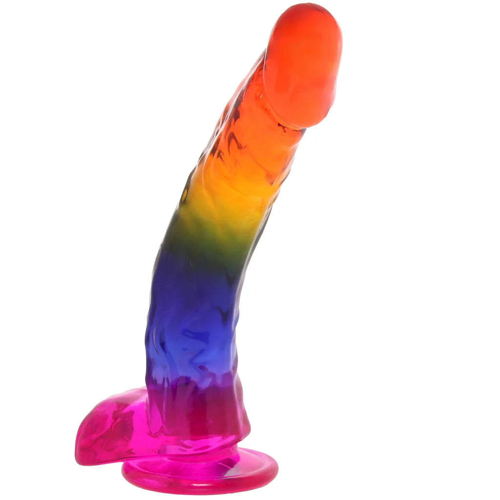 Doc Johnson 9.5 inch Jellies Rainbow Dong with balls – translucent realistic dildo with suction base.
