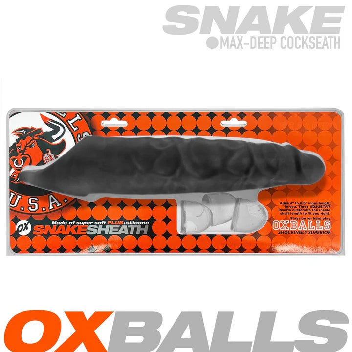 OXBALLS Snake Max-Deep cock sheath packaging with branding and product illustration.