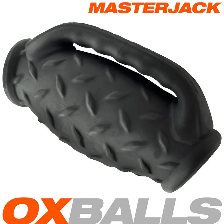 Black textured object with 'Masterjack' and 'OXBALLS' branding on a white background