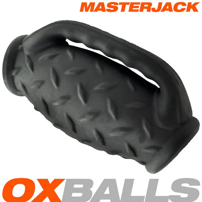 Black textured object with 'Masterjack' and 'OXBALLS' branding on a white background