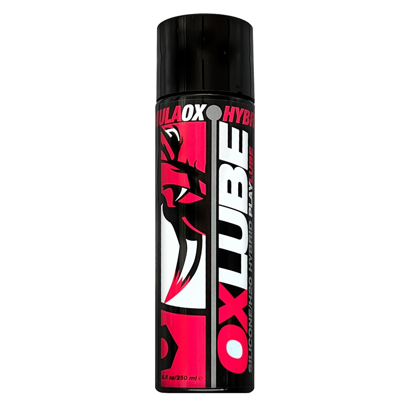 Oxballs Oxlube Hybrid Playlube bottles – 4.4oz and 8.5oz hybrid water-based and silicone lube with bold black packaging