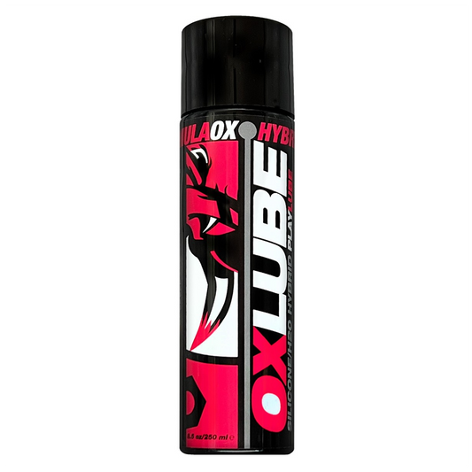 Oxballs Oxlube Hybrid Playlube bottles – 4.4oz and 8.5oz hybrid water-based and silicone lube with bold black packaging