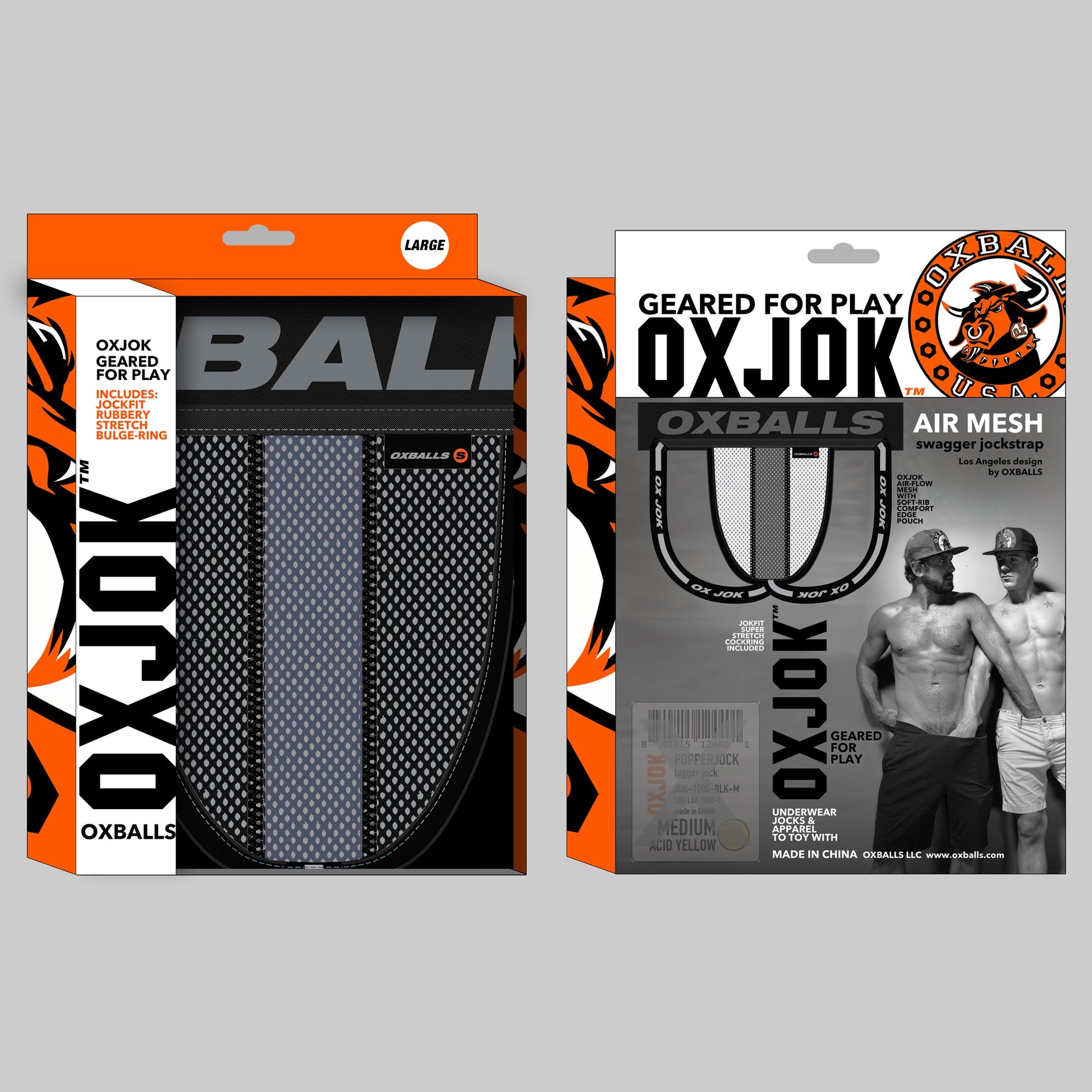 This image features the OXBALLS Airmesh Swagger Jockstrap in Tar Black, designed for both comfort and style. The jockstrap, which is predominantly black, includes a bold OXBALLS brand waistband that ensures a secure fit without rolling.