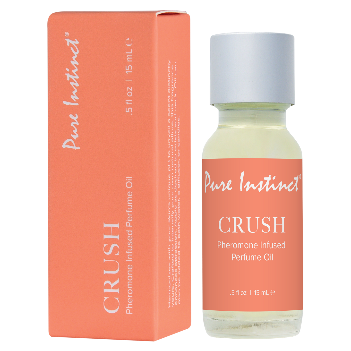 The image shows a Pure Instinct perfume oil bottle with a white cap, next to its orange packaging box. The label on the bottle reads 'CRUSH Pheromone Infused Perfume Oil'.
