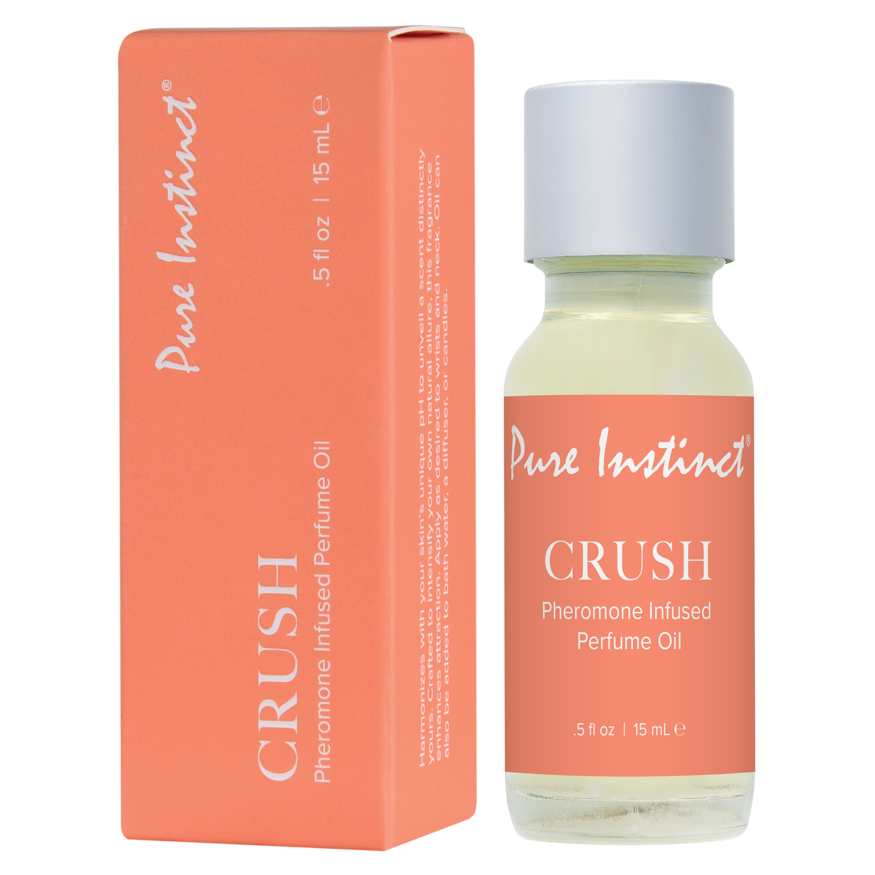 The image shows a Pure Instinct perfume oil bottle with a white cap, next to its orange packaging box. The label on the bottle reads 'CRUSH Pheromone Infused Perfume Oil'.