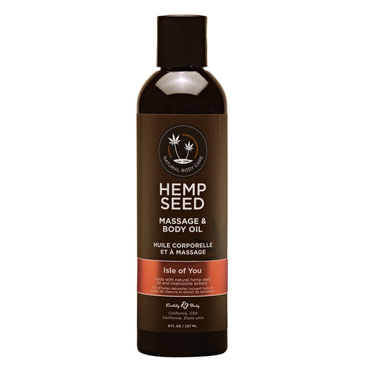 Bottle of Earthly Body Hemp Seed Massage & Body Oil with the label 'Massage & Body Oil' and the scent 'Isle of You'. The bottle is dark brown with white and orange text and a capacity of 8 ounces.