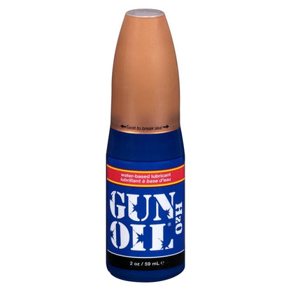 A bottle of Empowered Gun Oil H2O Water Based Lube with a capacity of 2 oz. The bottle is primarily blue with a label that has the product name and description.