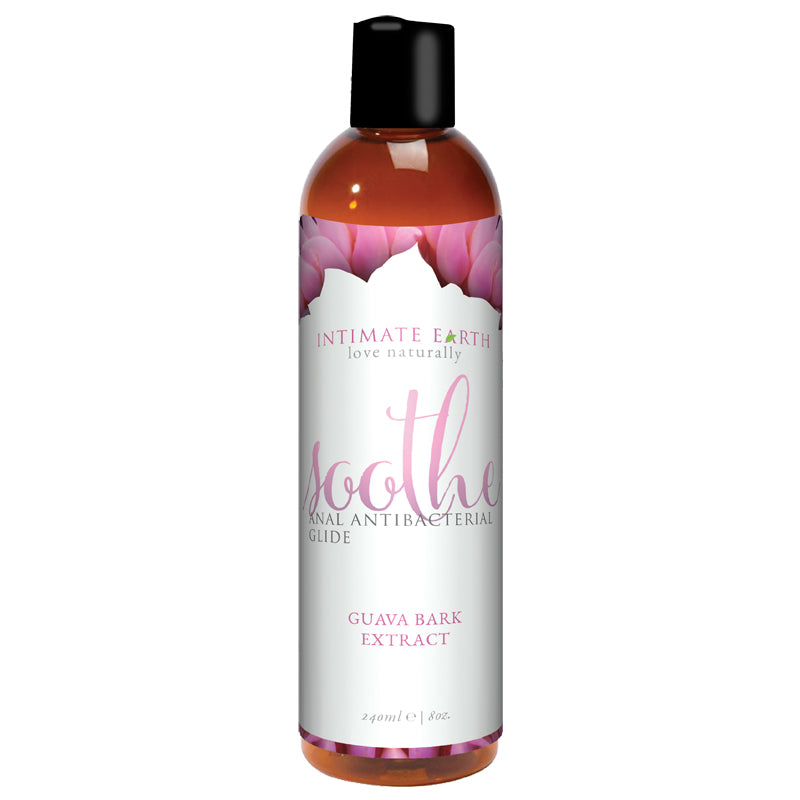 Bottle of Intimate Earth 'Soothe' anal antibacterial glide with guava bark extract on a white background
