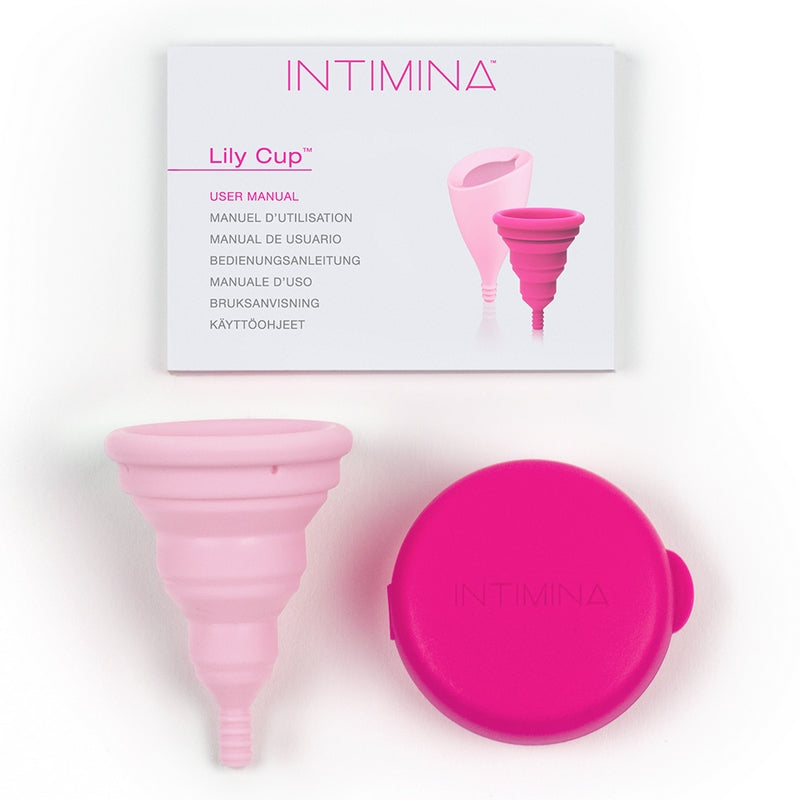 INTIMINA Lily Cup Compact collapsible menstrual cup with pink case, shown folded and open