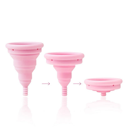 INTIMINA Lily Cup Compact collapsible menstrual cup with pink case, shown folded and open