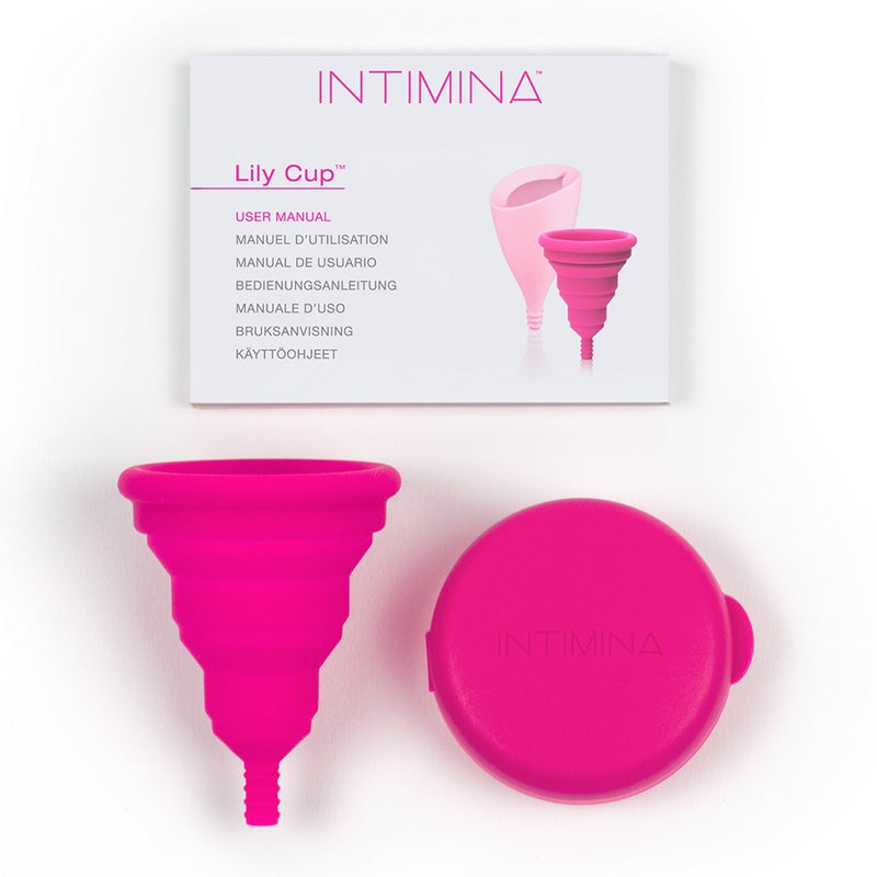 INTIMINA Lily Cup Compact collapsible menstrual cup with pink case, shown folded and open