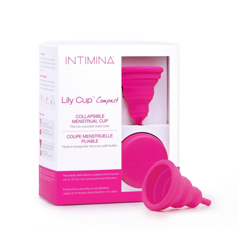 INTIMINA Lily Cup Compact collapsible menstrual cup with pink case, shown folded and open