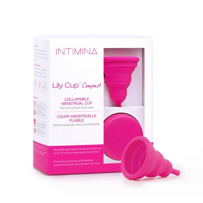 INTIMINA Lily Cup Compact collapsible menstrual cup with pink case, shown folded and open