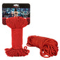 Red rope with packaging displaying brand name on a white background