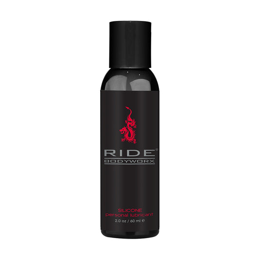 A black bottle of Sliquid Ride Bodyworx Silicone Lube with a red logo and text, indicating a capacity of 2 oz (59 ml).