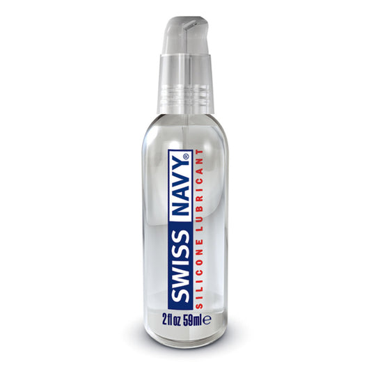 Bottle of Swiss Navy Silicone Lubricant, 2 oz size, with a white and red label.
