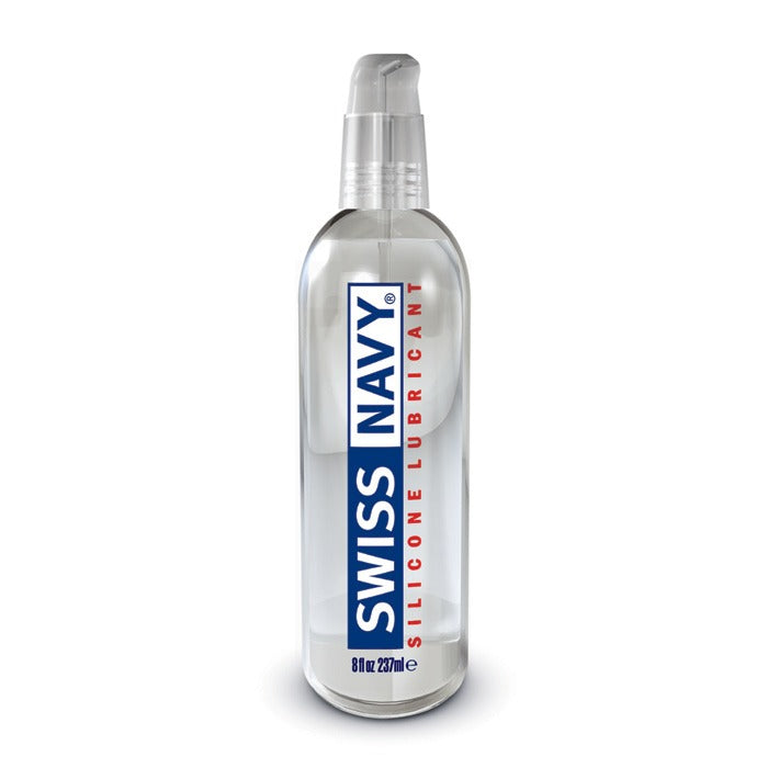 Swiss Navy silicone lubricant bottle on a white background