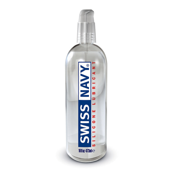 Bottle of Swiss Navy silicone lubricant on a white background
