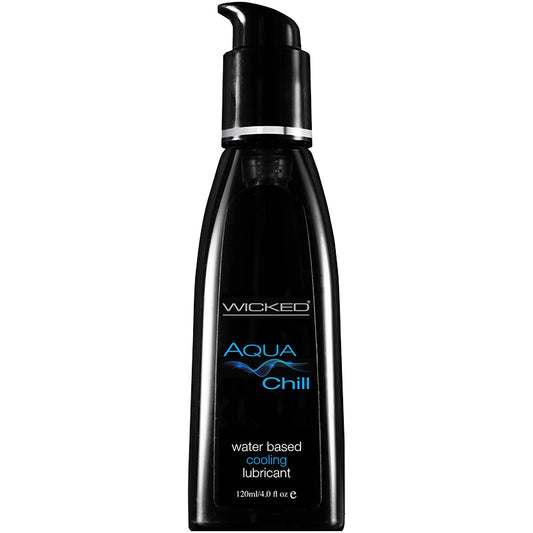 Wicked Aqua Chill Cooling Lubricant – 2oz and 4oz water-based tingling lube with peppermint, menthol, and ginger