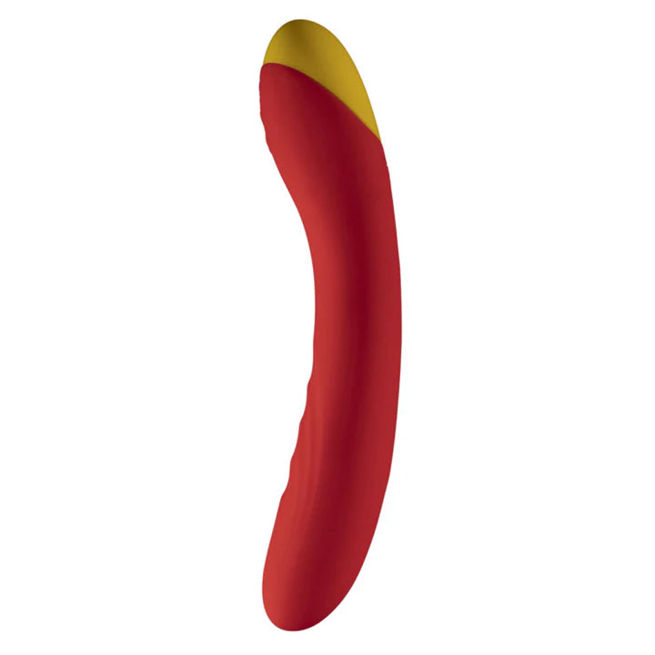 ROMP Hype G-Spot Vibrator in red, angled to show curved tip