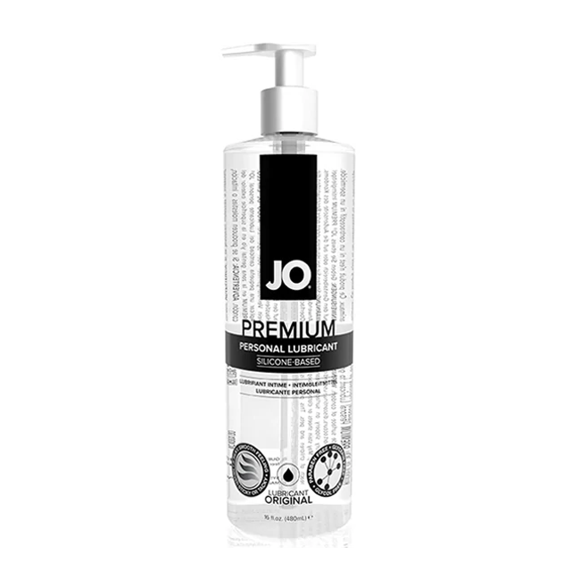 A pump bottle of JO Premium Silicone Lubricant, 16oz size, with labeling that includes the brand name and product information.