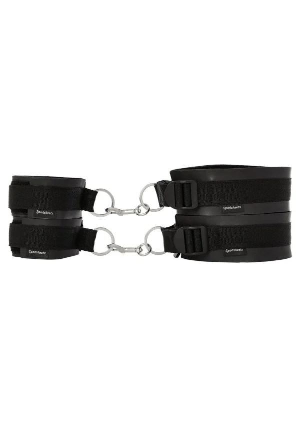 Sportsheets Thigh and Wrist Cuffs – black neoprene bondage cuffs with adjustable straps and nickel-free hardware for versatile restraint play.