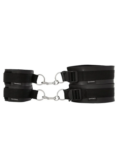 Sportsheets Thigh and Wrist Cuffs – black neoprene bondage cuffs with adjustable straps and nickel-free hardware for versatile restraint play.
